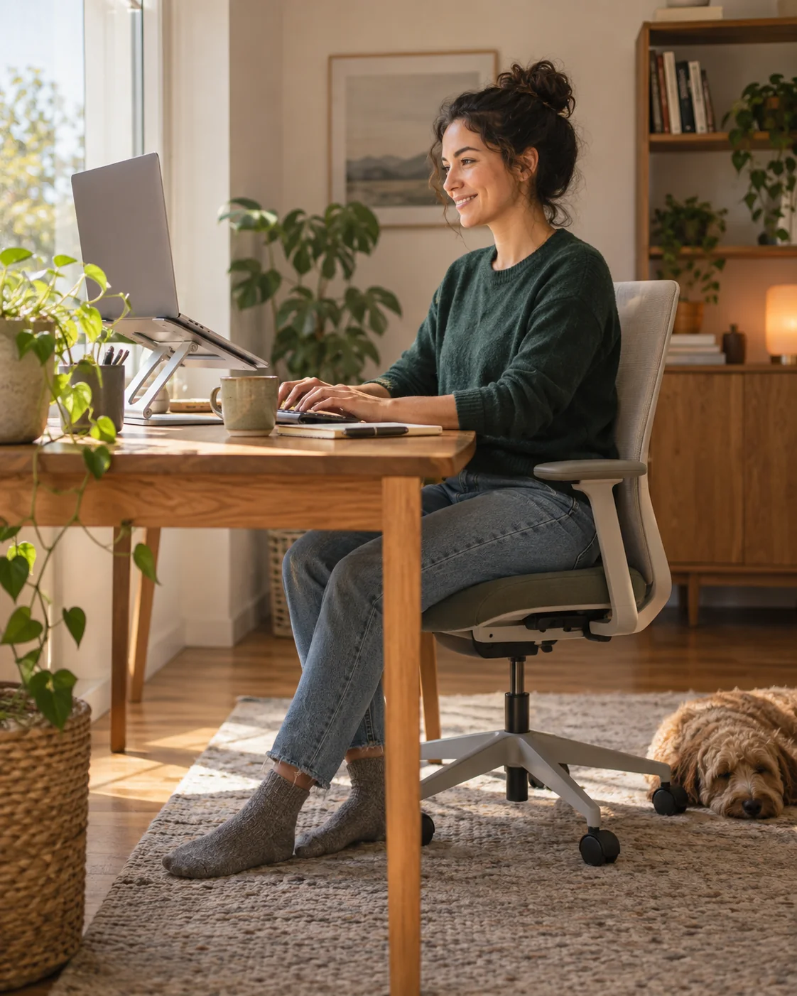 A person working comfortably at a bright home-office desk